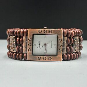 Sheffield Watch Women Copper Tone Wood Beaded Cuff Band New Battery 6.75"